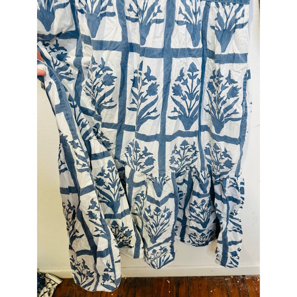 SZ BLOCKPRINTS Blue White Floral 100% Cotton Long Sleeve Orti A-Line Dress Small - Picture 10 of 16